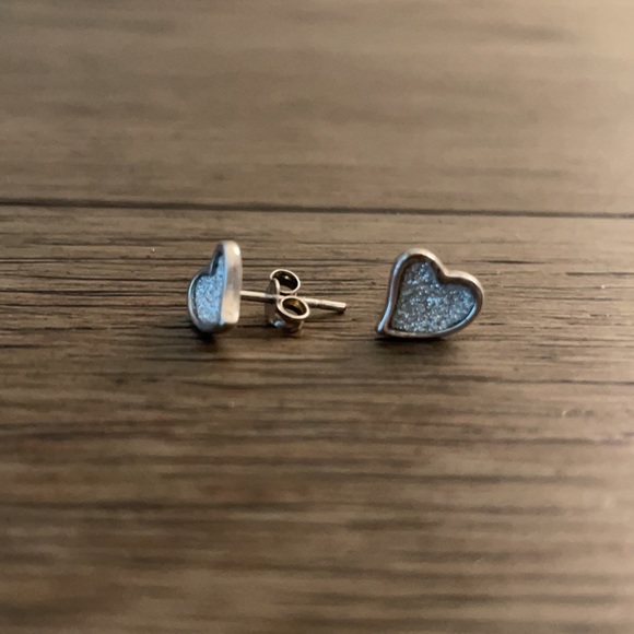 Sterling Silver Glitter Heart Stud Earrings - Picture 2 of 7
